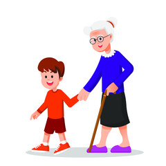 cute boy holding his grandmothers hand while walking