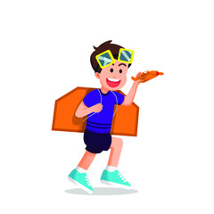 Cute boy wearing wings made of cardboard and playing airplanes