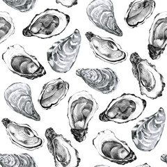 Seamless pattern with hand drawn oysters