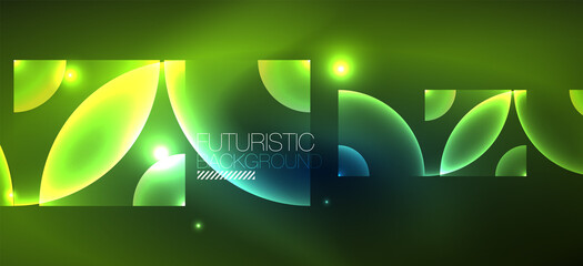 Shiny neon geometric abstract background. Glowing lights on round shapes, triangles and circles. Wallpaper for concept of AI technology, blockchain, communication, 5G, science, business