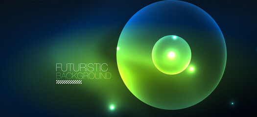 Shiny neon geometric abstract background. Glowing lights on round shapes, triangles and circles. Wallpaper for concept of AI technology, blockchain, communication, 5G, science, business