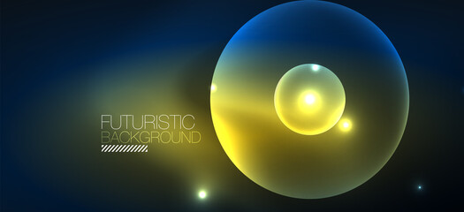 Shiny neon geometric abstract background. Glowing lights on round shapes, triangles and circles. Wallpaper for concept of AI technology, blockchain, communication, 5G, science, business