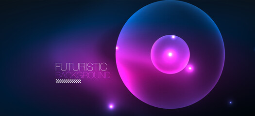 Shiny neon geometric abstract background. Glowing lights on round shapes, triangles and circles. Wallpaper for concept of AI technology, blockchain, communication, 5G, science, business