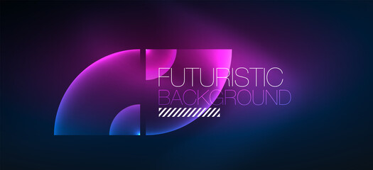Shiny neon geometric abstract background. Glowing lights on round shapes, triangles and circles. Wallpaper for concept of AI technology, blockchain, communication, 5G, science, business