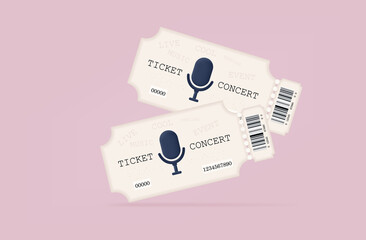 3d ticket concert. A paper pass to enter a park, club, cinema, theater, attraction, party or show. Access to view an entertainment event or event. Leisure concept, two tickets with a barcode. Vector
