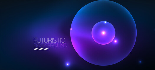 Shiny neon geometric abstract background. Glowing lights on round shapes, triangles and circles. Wallpaper for concept of AI technology, blockchain, communication, 5G, science, business