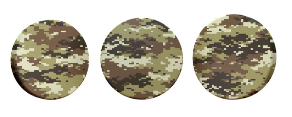 A beautiful view of 3d illustration with army button camouflage in 3 positions.
