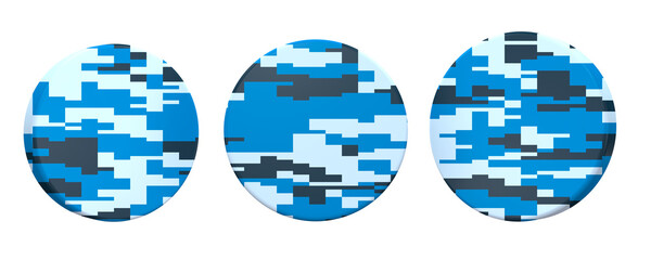 A beautiful view of 3d illustration with army button camouflage in 3 positions.
