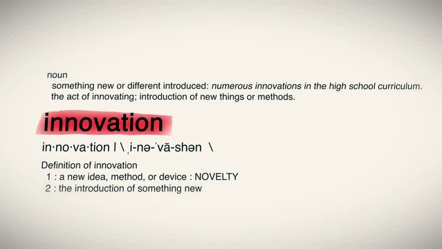 The Word Innovation Red Highlighted in a Dictionary Animation