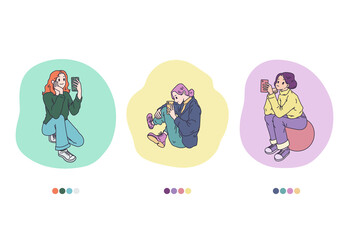 Character selfie trendy girls with mobile phone in sitting pose with colourful palette