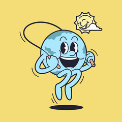 Retro globe cartoon mascot character. Happy vintage walking earth mascot illustration.