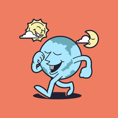 Retro globe cartoon mascot character. Happy vintage walking earth mascot illustration.