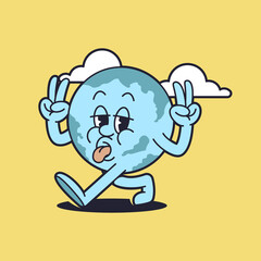 Retro globe cartoon mascot character. Happy vintage walking earth mascot illustration.