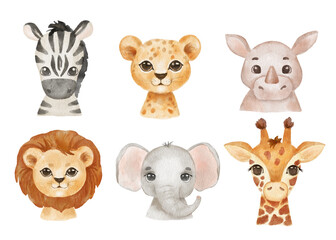 Cute portraits cheetah, giraffe, elephant and zebra in cartoon style. Drawing african baby wild cat face isolated on white background. Watercolor drawing for kids poster and card. Jungle animal