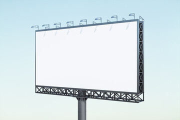 Blank white billboard on blue sky background at daytime, perspective view. Mockup, advertising concept