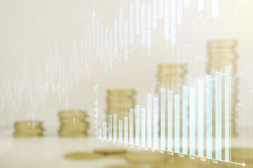 Abstract virtual financial graph hologram on stacks of coins background, forex and investment concept. Multiexposure