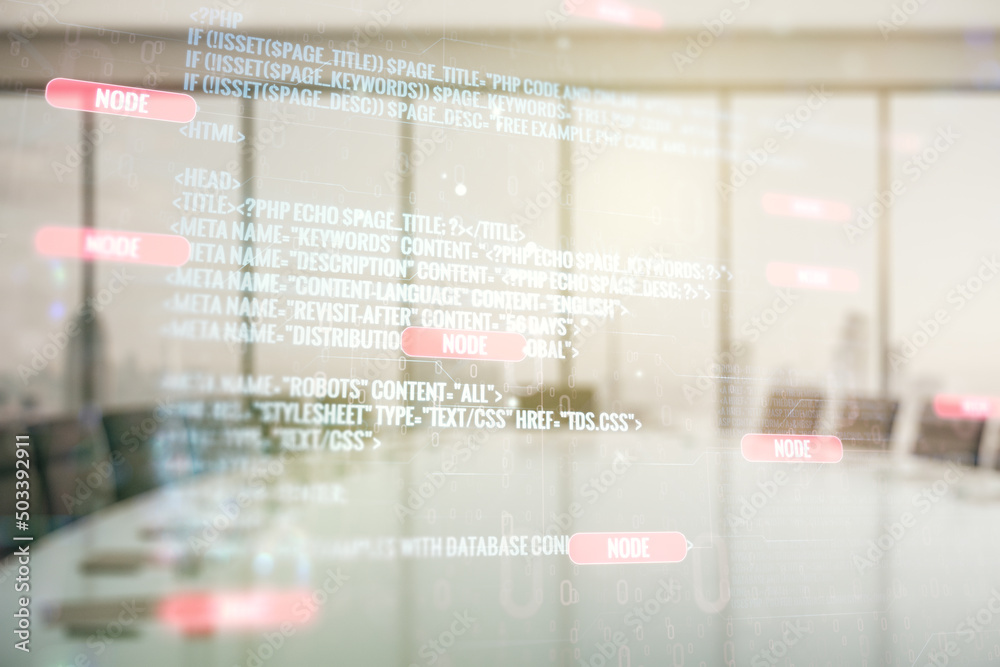 Poster double exposure of abstract programming language interface on a modern meeting room background, rese