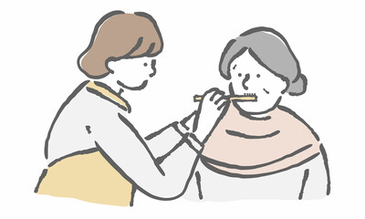 介護：高齢者の口腔ケアをする女性スタッフ　介護士　イラスト