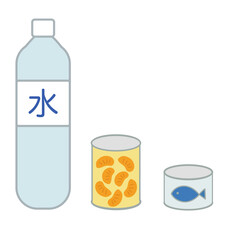 シンプルな水のペットボトル　みかんの缶詰　サバの缶詰のイラスト素材　ローリングストック