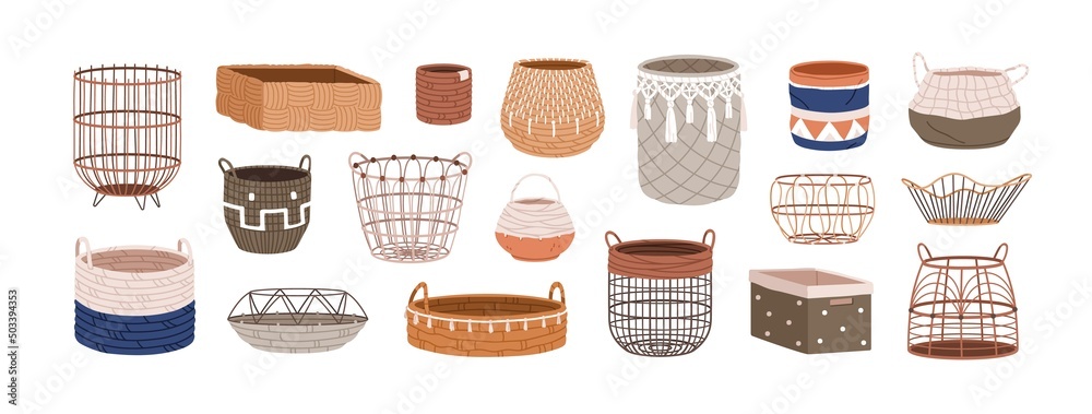 Wall mural Woven wicker baskets set. Trendy interior basketry designs from rattan, fabric rope, jute. Empty storage boxes of different shape, size. Flat graphic vector illustrations isolated on white background - Wall murals