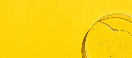 Petri dish with serum or cosmetic liquid on yellow background. Transparent container with water and...