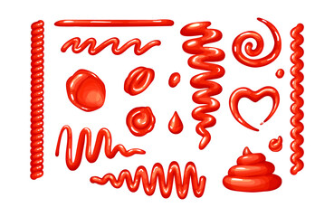 Ketchup spots,splashes and drops sets from top view.Vector red tomato sauce