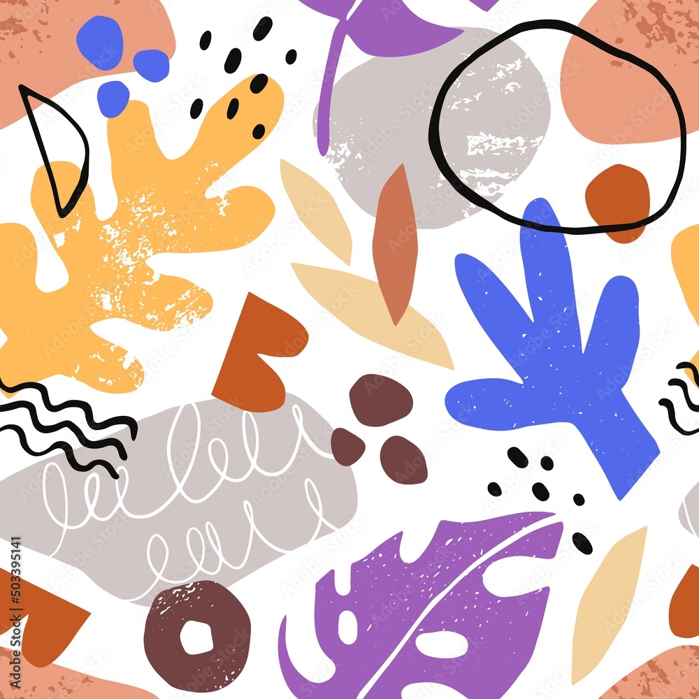 Aufkleber Abstract seamless pattern with doodle shapes. Endless background design with modern trendy elements repeating print. Repeatable texture for decoration, textile. Colored flat vector illustration