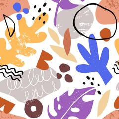 Abstract seamless pattern with doodle shapes. Endless background design with modern trendy elements repeating print. Repeatable texture for decoration, textile. Colored flat vector illustration
