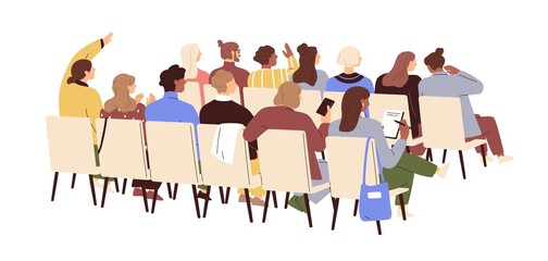 Audience, people backs at public event, seminar. Men and women group sitting on chairs at conference, lecture, training. Backside of auditorium. Flat vector illustration isolated on white background