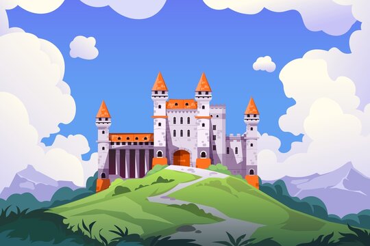 Medieval castle landscape. Cartoon medieval chateau with towers and stone walls, fairy tale palace and princess castle. Vector fantasy background