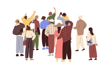 Fototapeta premium Group of people standing, watching, back view. Behind audience of entertainment event outdoors. Men and women spectators gathering backside. Flat vector illustration isolated on white background