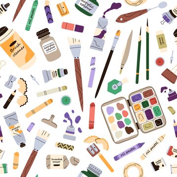 Art supplies pattern. Seamless background with painting accessories, items. Artists stationery repeating print. Paints, brushes, pencils, painters stuff texture for wrapping. Flat vector illustration