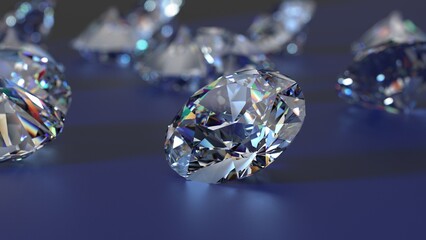 Shiny Diamonds on black-blue surface background. Concept image of luxury living, expensive things and high added value. 3D CG. High resolution.