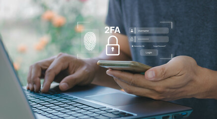 Businessman using a laptop login protection with 2FA, Two-Factor Authentication, Cybersecurity privacy protect data. internet network security technology. Personal online privacy. Cyber hacker threat.