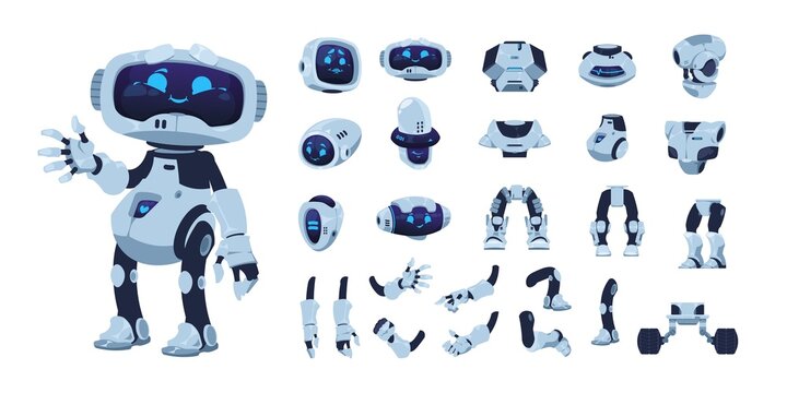 Robot animation set. Cartoon android character with artificial intelligence, various heads legs arms and body. Vector cute futuristic robot