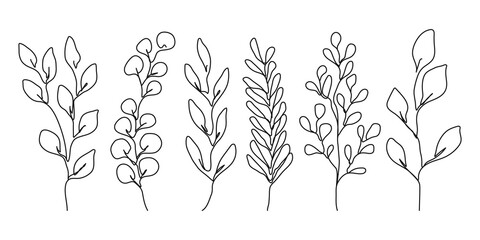 Set of Line Art Leaves Silhouette Black Sketch on White Background. One Line Beautiful Plants, Leaves, Flowers. Vector Illustration.
