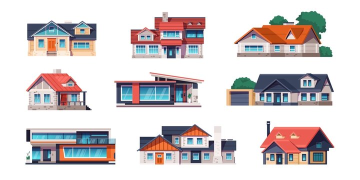 Cartoon cottage houses. Country and city building for rent, village modern and rural two-story real estate. Vector isolated set