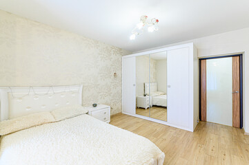 Russia, Moscow- May 21, 2020: interior apartment room bedroom with bed