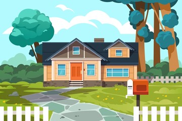 Suburban cottage. Cartoon country house exterior, neighborhood home with yard and lawn, countryside building. Vector home front side illustration