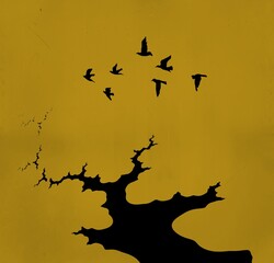 outline sillouette tree on colourful background