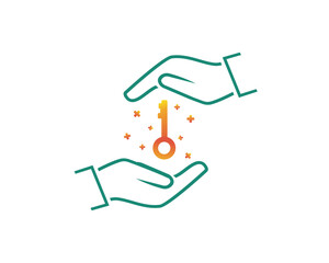 Hand holding golden key. Vector illustration