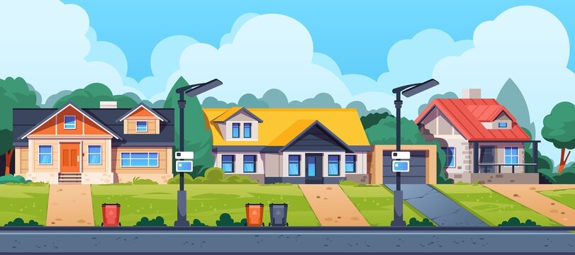 Country houses street. Cartoon suburban cottage building exterior, countryside neighborhood with rural buildings. Vector landscape