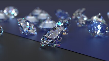 Shiny Diamonds on black-blue surface background. Concept image of luxury living, expensive things and high added value. 3D CG. High resolution.