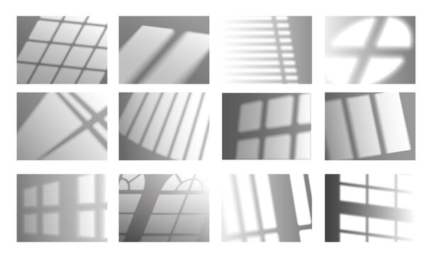 Window shadow effect. Transparent shade overlay light mockup, curtains window frame and blinder blurred shadows on the wall. Vector isolated set