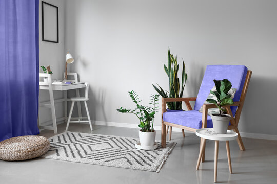 Stylish interior with armchair, table and houseplants