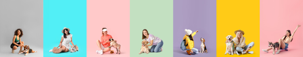 Set of happy women with cute dogs on colorful background