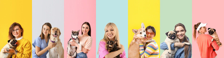 Set of happy young women with cute dogs on colorful background