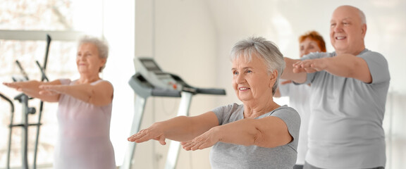 Group of elderly people doing exercises in gym - obrazy, fototapety, plakaty