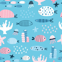 Underwater world pattern. Funny fish, corals and marine life. Seamless endless background. Baby print for clothes, textiles, wallpaper, baby shower. Vector illustration, hand drawn