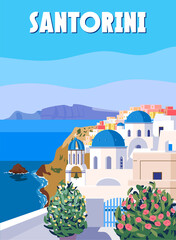 Greece Santorini Poster Travel, Greek white buildings with blue roofs, church, poster, old Mediterranean European culture and architecture - obrazy, fototapety, plakaty